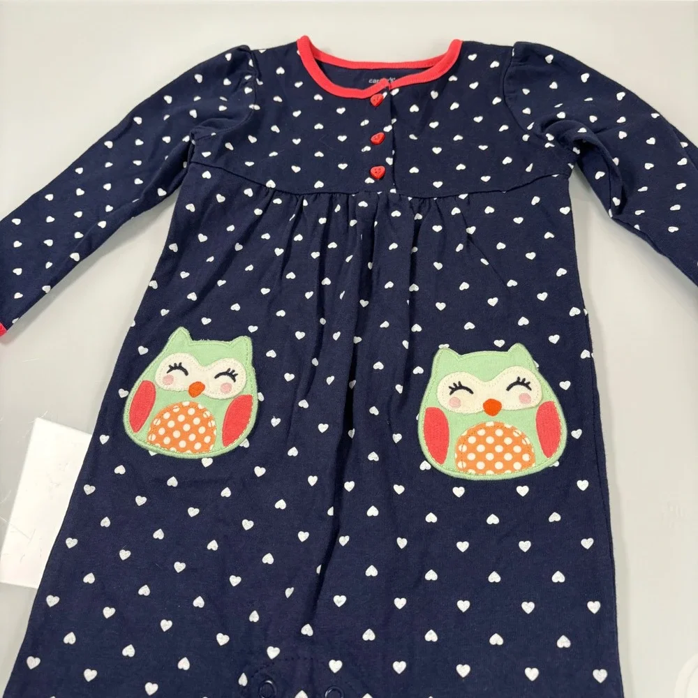 Carter's Kids 18M Navy Blue Heart Print Jumpsuit New Owl Applique Long Sleeve